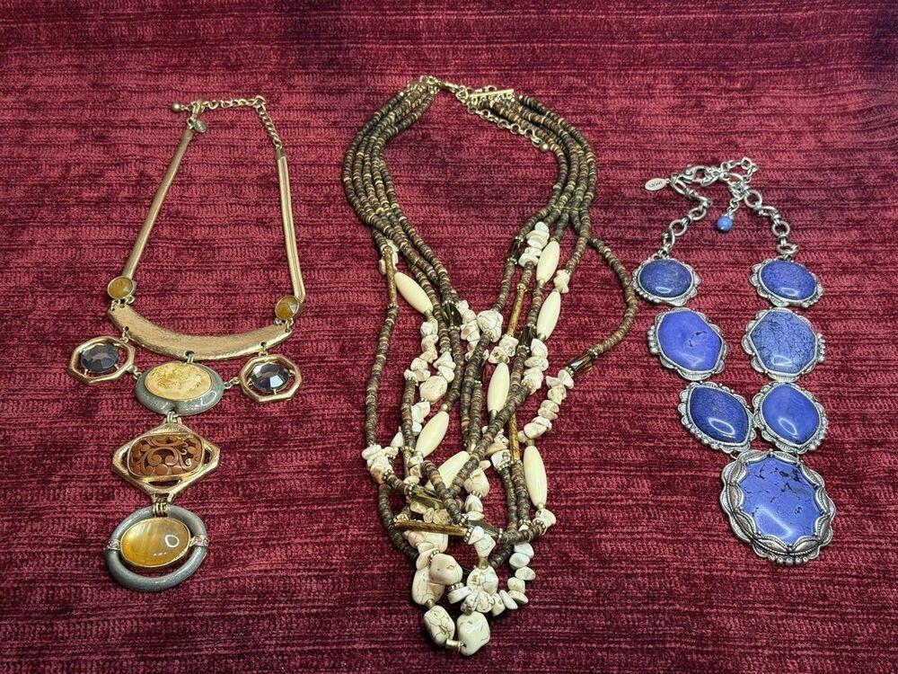 3 Chico's HUGE Stones Statement Chunky Bib Necklace Silver & Gold Tone